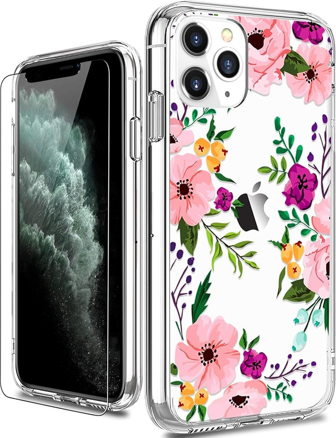 LUHOURI iPhone 11 Pro Max Case with Screen Protector,Cute Floral Designs on Clear Cover for Girls... | Amazon (US)