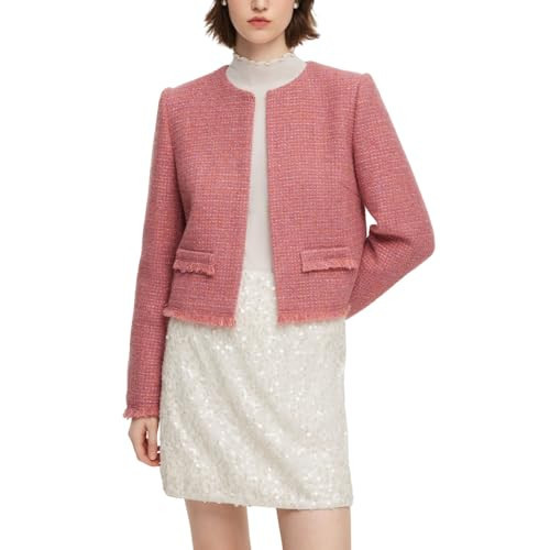 GOELIA Pink Tweed Blazer Jacket for Women Frayed Hem Lightweight Cropped Tweed Jackets Business Work Office Suit Jackets Womens Fitted Blazer Dressy Casual Teacher Jackets Outerwear | Amazon (US)