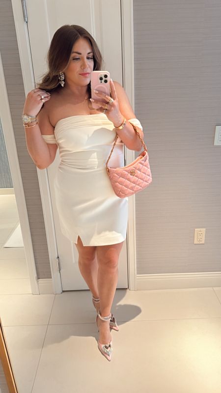 curvy white bridal dress! what i wore to our 10th wedding anniversary dinner. wearing size 14 in dress, runs small (size up). pink triple heart heels runs TTS, i’m in the 39 

#LTKWedding #LTKShoeCrush #LTKMidsize