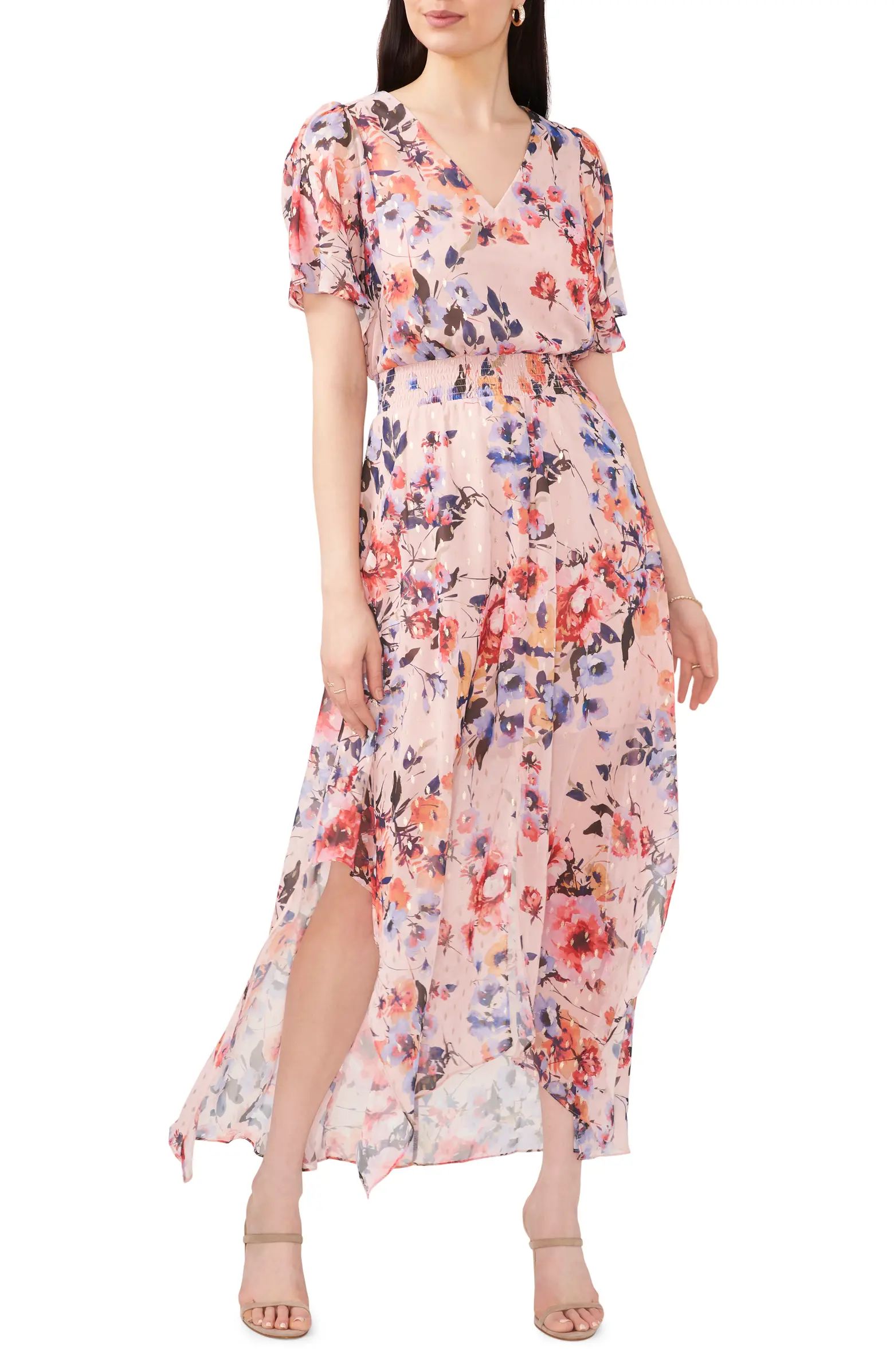 Floral Smocked Waist Fil Coupé Chiffon Maxi Dress | Nordstrom