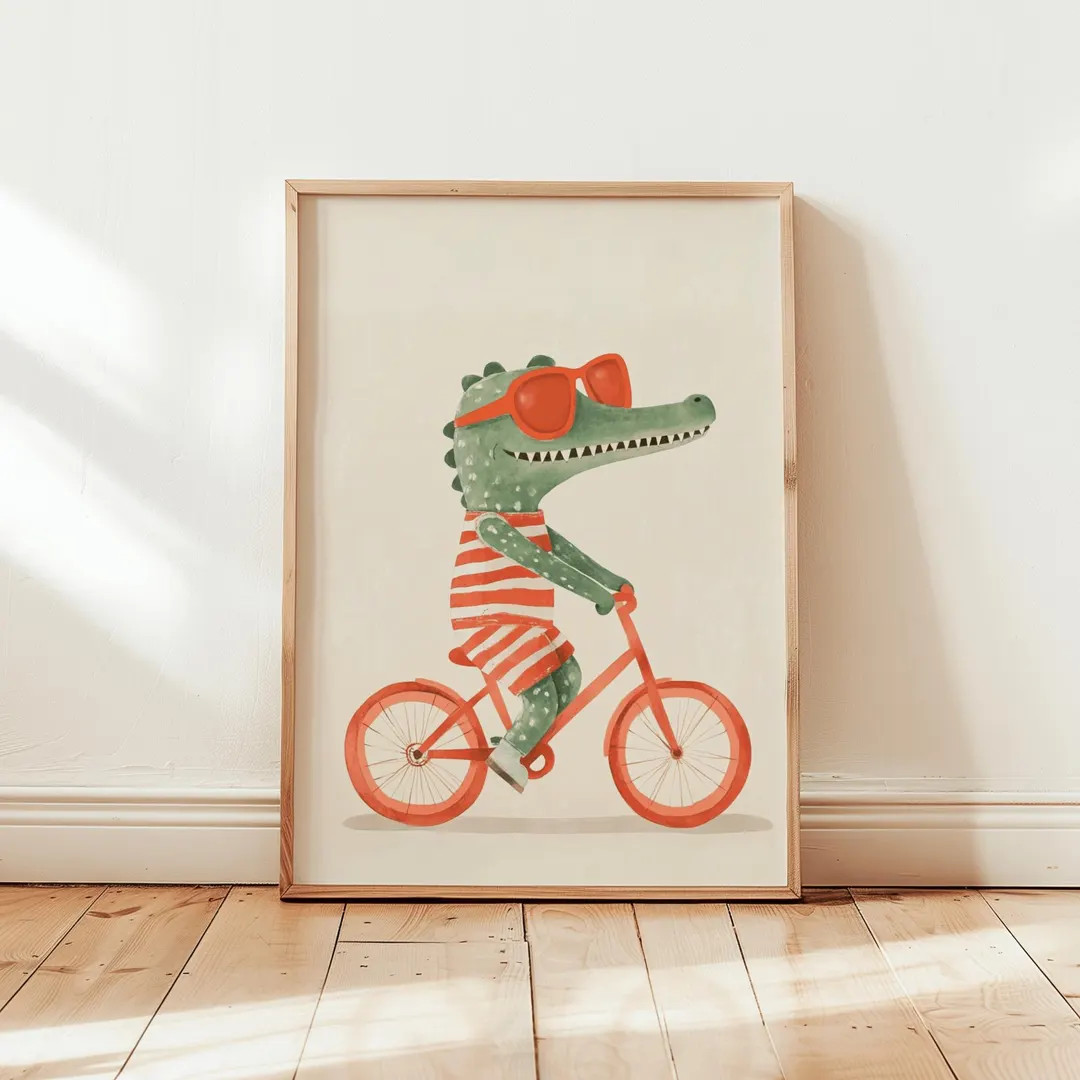 Cool Crocodile on Bicycle Nursery Print, Toddler Room Decor, Playroom Crocodile Poster, Whimsical... | Etsy (US)