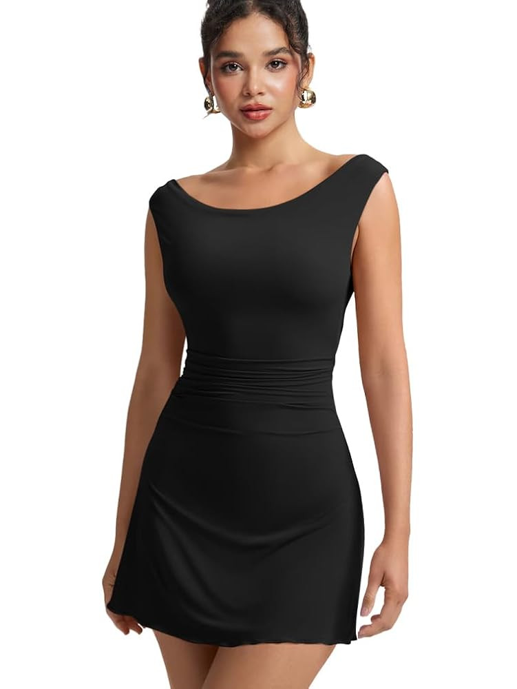 HYZ Women's Sexy Sleeveless Boat Neck Off The Shoulder Ruched A Line Stretch Comfort Mini Dress | Amazon (US)