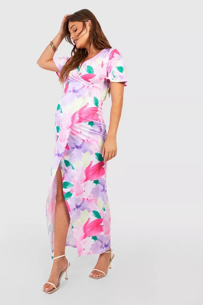 Maternity Floral Wrap Front Maxi Dress Maternity Gender Reveal Dress Maternity Outfits Spring | boohoo (US & Canada)