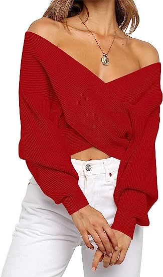 ZCSIA Women's Long Sleeve Wrap V Neck Cross Front Solid Color Casual Off Shoulder Crop Knitted Pu... | Amazon (US)