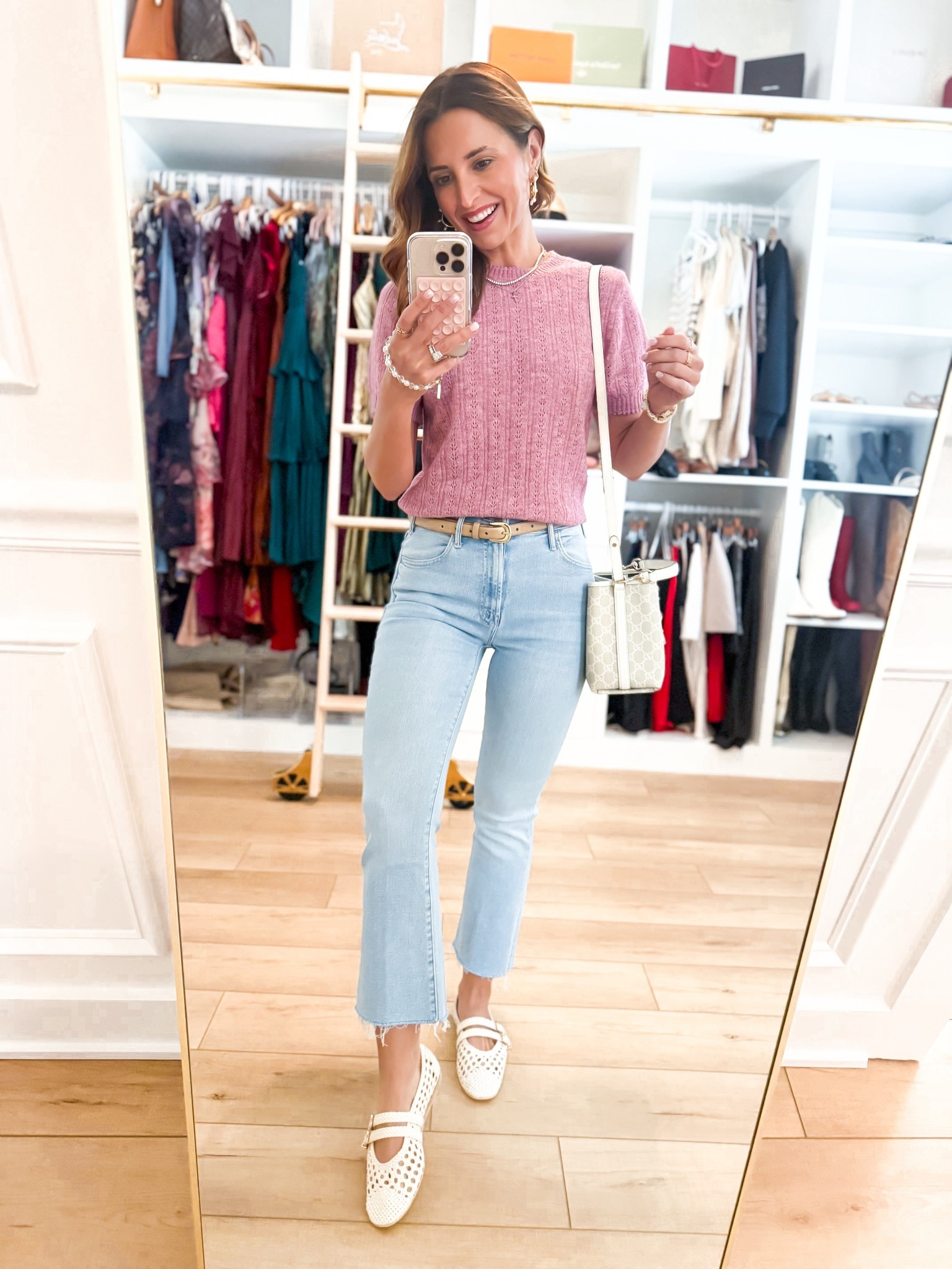 Today’s spring #ootd! PETITES The Lil Hustler Ankle Fray jeans in 24. Target sweater top in XS. Woven ballet flats are TTS. Gucci small cream bucket bag. Elevated casual. Quince belt. 


#LTKmomlife #LTKootd #LTKgrwm