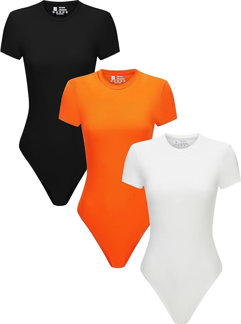 Flutnel 3 Piece Women's Round Neck Short Sleeve T Shirts Basic Tops Bodysuits Jumpsuit | Amazon (US)