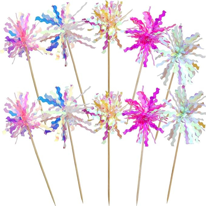 10 Pcs Happy Birthday Cake Toppers Foil Firework Cupcake Toppers Sparkle Tinsel Drink Stirrers Fl... | Amazon (US)