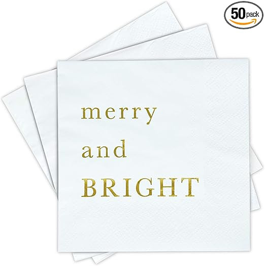 Merry Bright Christmas Cocktail Napkins - Gold Foil 3-Ply Disposable Holiday Napkins for Christma... | Amazon (US)
