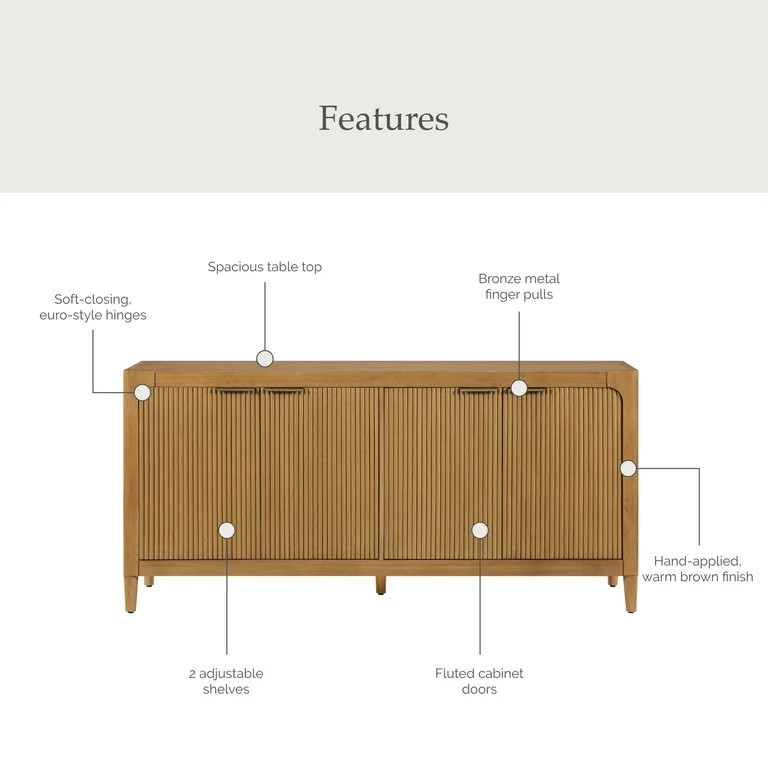 My Texas House Linden Fluted Buffet Cabinet Sideboard with Adjustable Shelves, Warm Brown | Walmart (US)