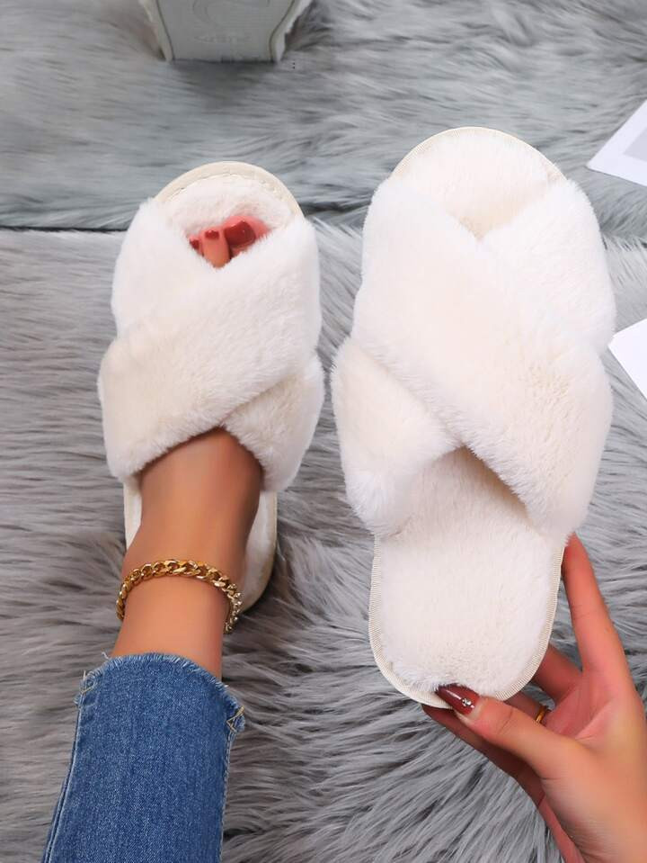 Women's Fashionable Solid Color Bedroom Slippers With Crossed Plush Strap, Beige | SHEIN