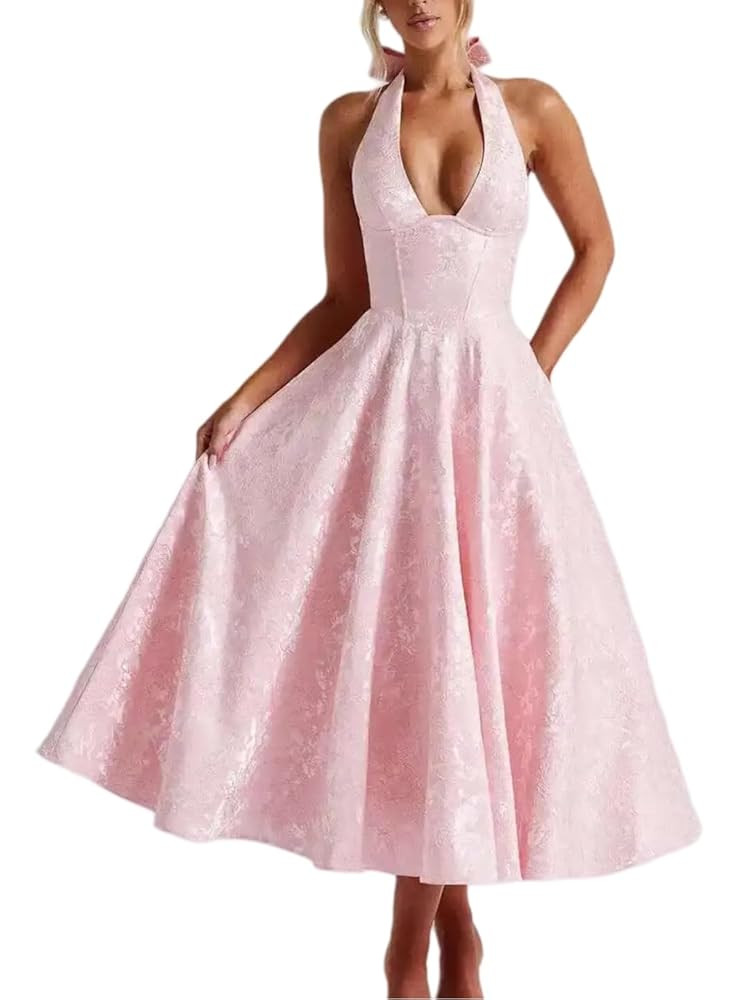 Women Evening Party Sexy Bow Halter Long Elegant Jacquard Lace Up Backless Birthday Robe Dress（... | Amazon (US)