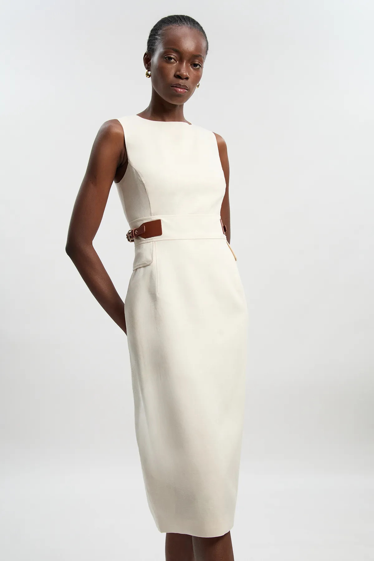 Ivory Tailored Linen Tab Waist Pencil Midi Dress | Karen Millen USA | Karen Millen US