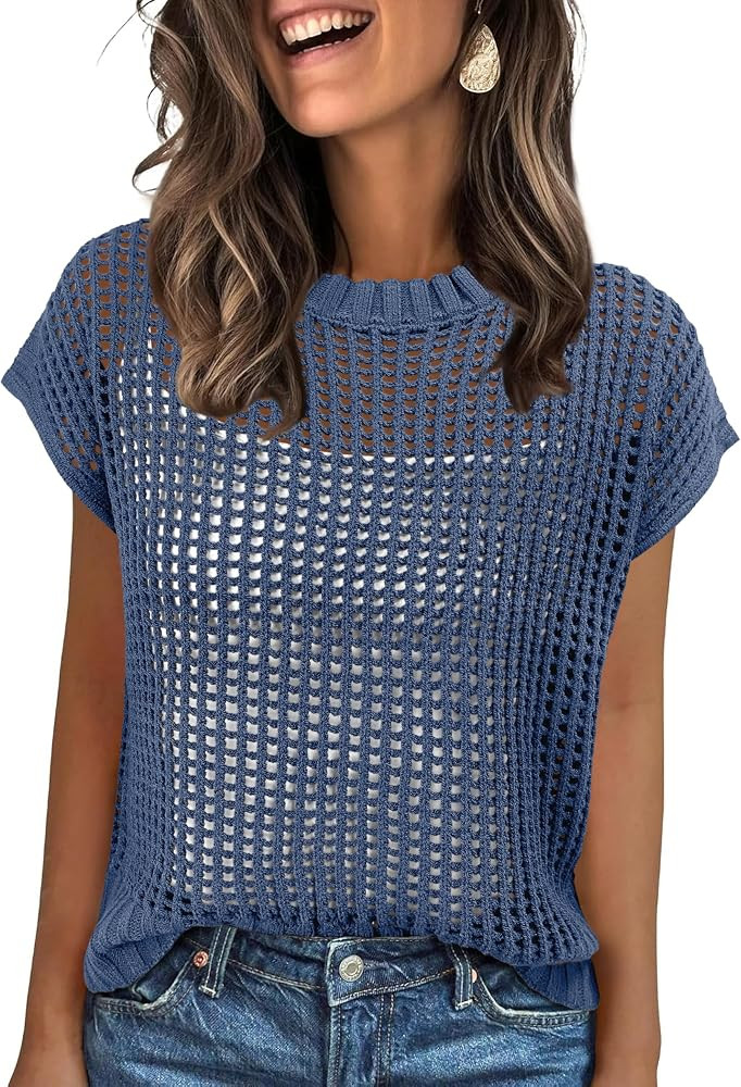 ANRABESS Womens Tops 2025 Trendy Summer Shirts Crochet Cap Sleeve Knitted Sweater Beach Vacation ... | Amazon (US)