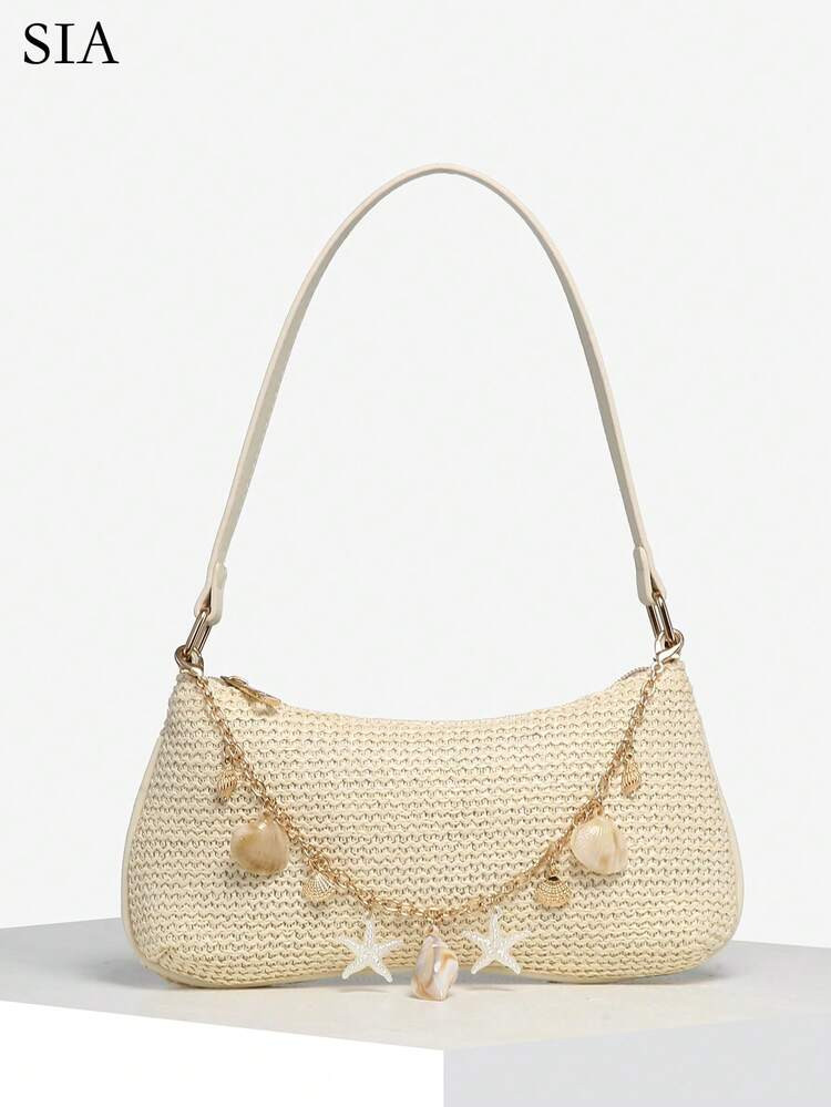 1pc Women's Vintage Resort Ocean Creature Faux Pearl Cherry Faux Fur Tail Woven Crossbody Bag, Suitable For Dates, Outings, Vacations | SHEIN