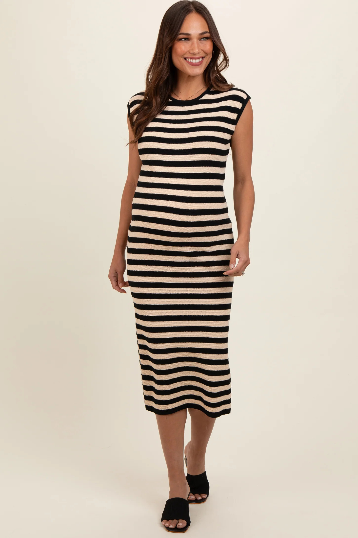 Black Striped Sleeveless Maternity Midi Dress | PinkBlush Maternity