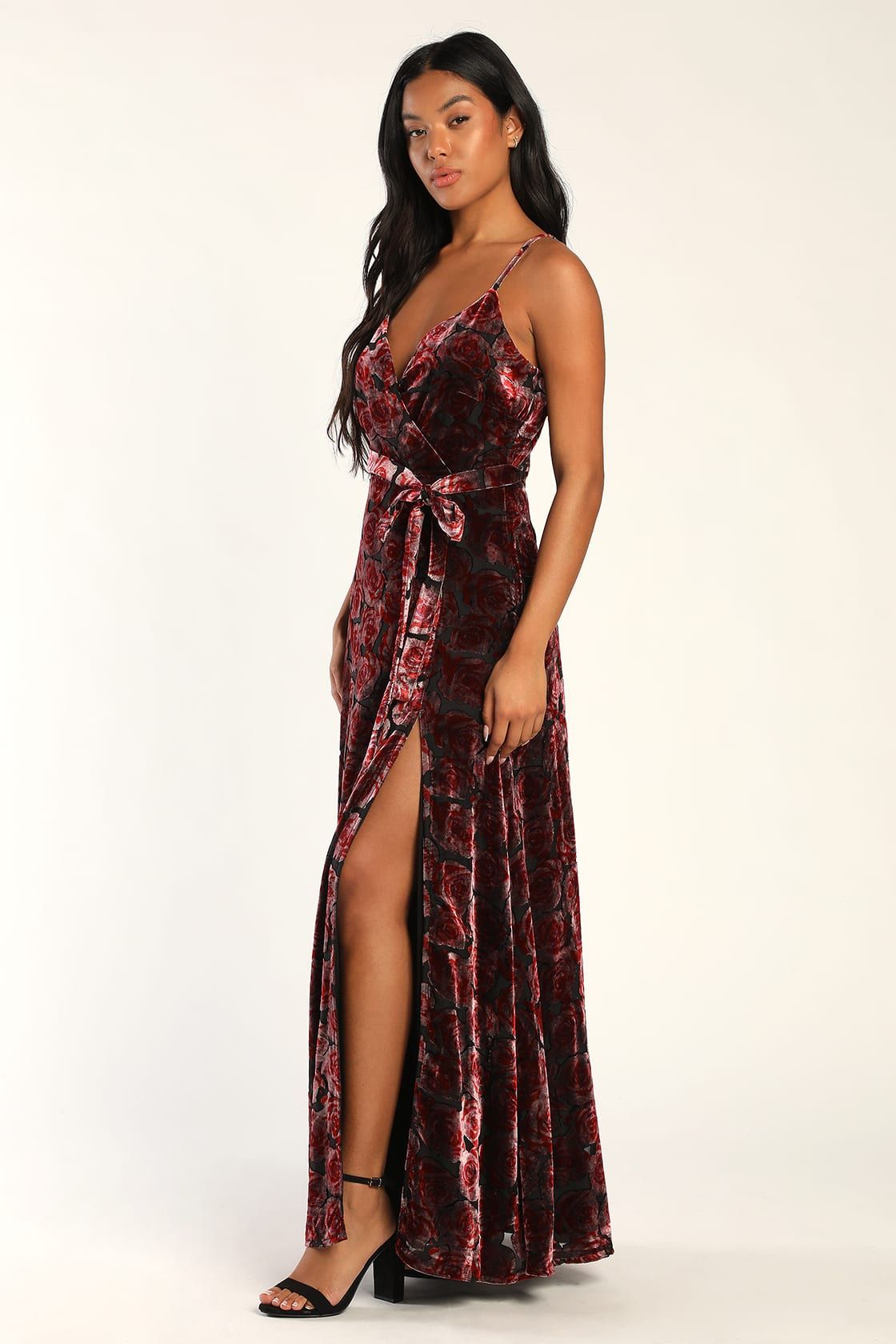 Pretty Companion Mauve and Red Floral Velvet Burnout Maxi Dress | Lulus (US)