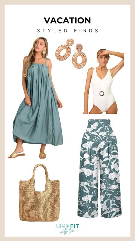 Vacation mode: activated! ☀️💃 These pieces are everything you need for a stylish getaway. Glide along the beach in this breezy halter-neck dress or make a splash in the chic white one-piece. The floral wide-leg pants are perfect for a sunset stroll or a casual dinner. And don't forget the statement earrings and straw tote to carry all your sun essentials! Which look is your go-to for paradise? #VacayStyle #BeachVibes #SummerMustHaves #LiveFitWithEm

#LTKstyletip #LTKSeasonal #LTKswim