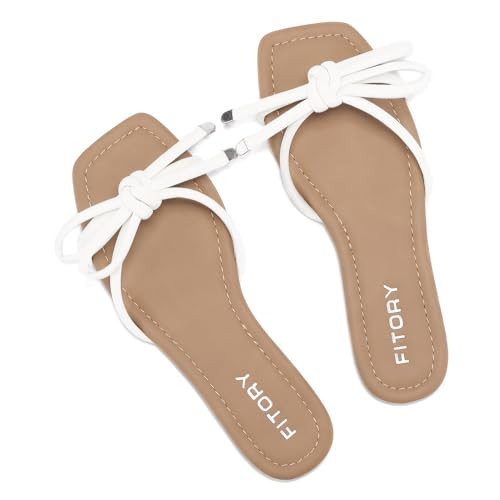FITORY Women's Flat Sandals Square Open Toe Thong with Cute Knot for Summer Size 6 White | Amazon (US)