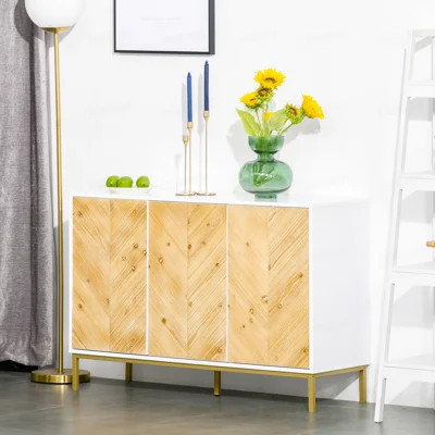 3 Door Sideboard Buffet Cabinet, Kitchen Cabinet,  Bar Cabinet with Chevron Pattern, Adjustable Shelf and Metal Legs | Wayfair North America
