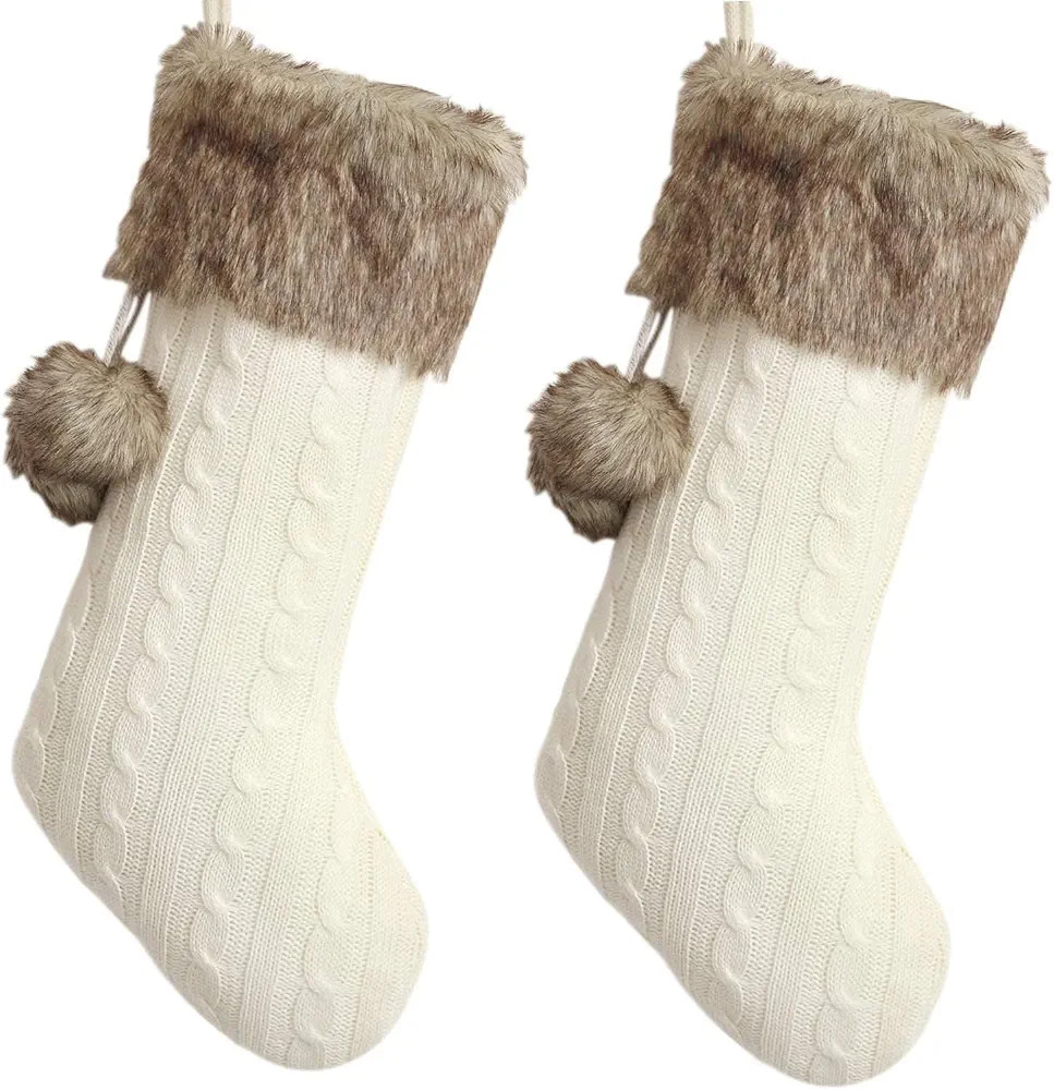 Set of Two Ivory Cable Knitted Body, Faux Fur Cuff with Faux Fur Fluffy Pompom Ball Christmas Sto... | Amazon (US)
