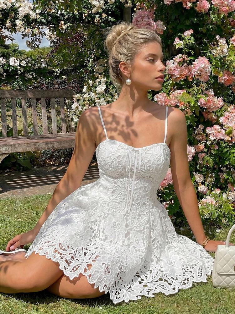 Glamine Charm Women's Elegant White Floral Lace Camisole Mini Dress,Spaghetti Strap Summer Date Reception Dress,Solid Color Lace Mini Dress For Bride | SHEIN