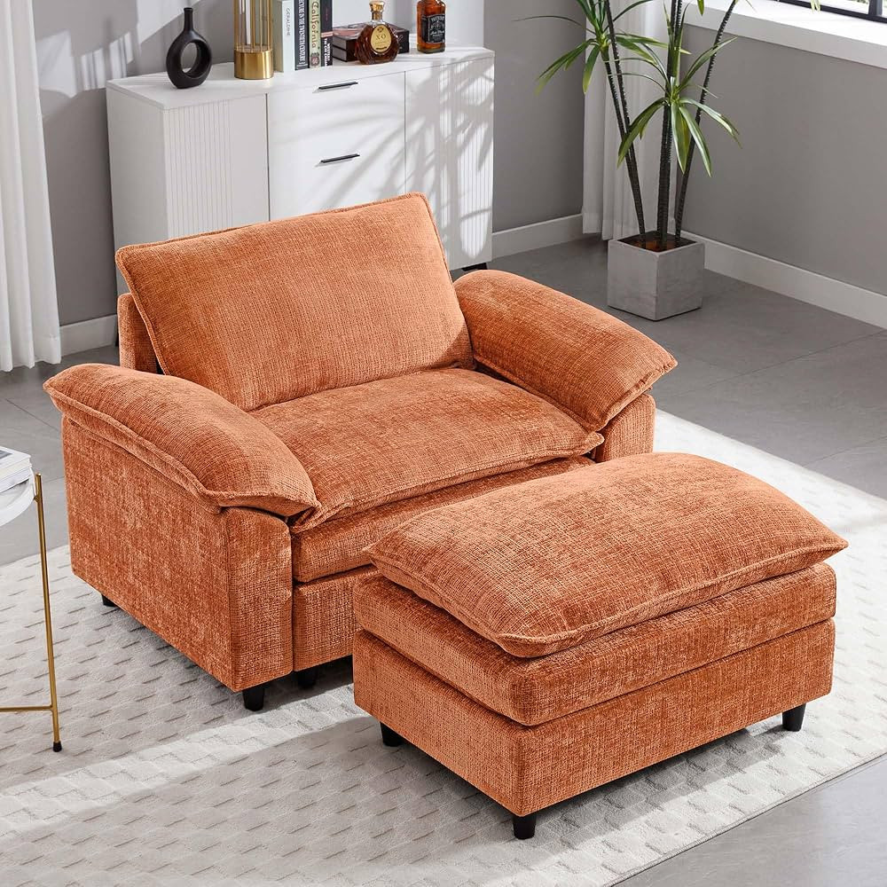 51.9" W Oversized Chair with Ottoman, Modern Chaise Lounge Chair Indoor, Comfy Chenille Deep Seat... | Amazon (US)
