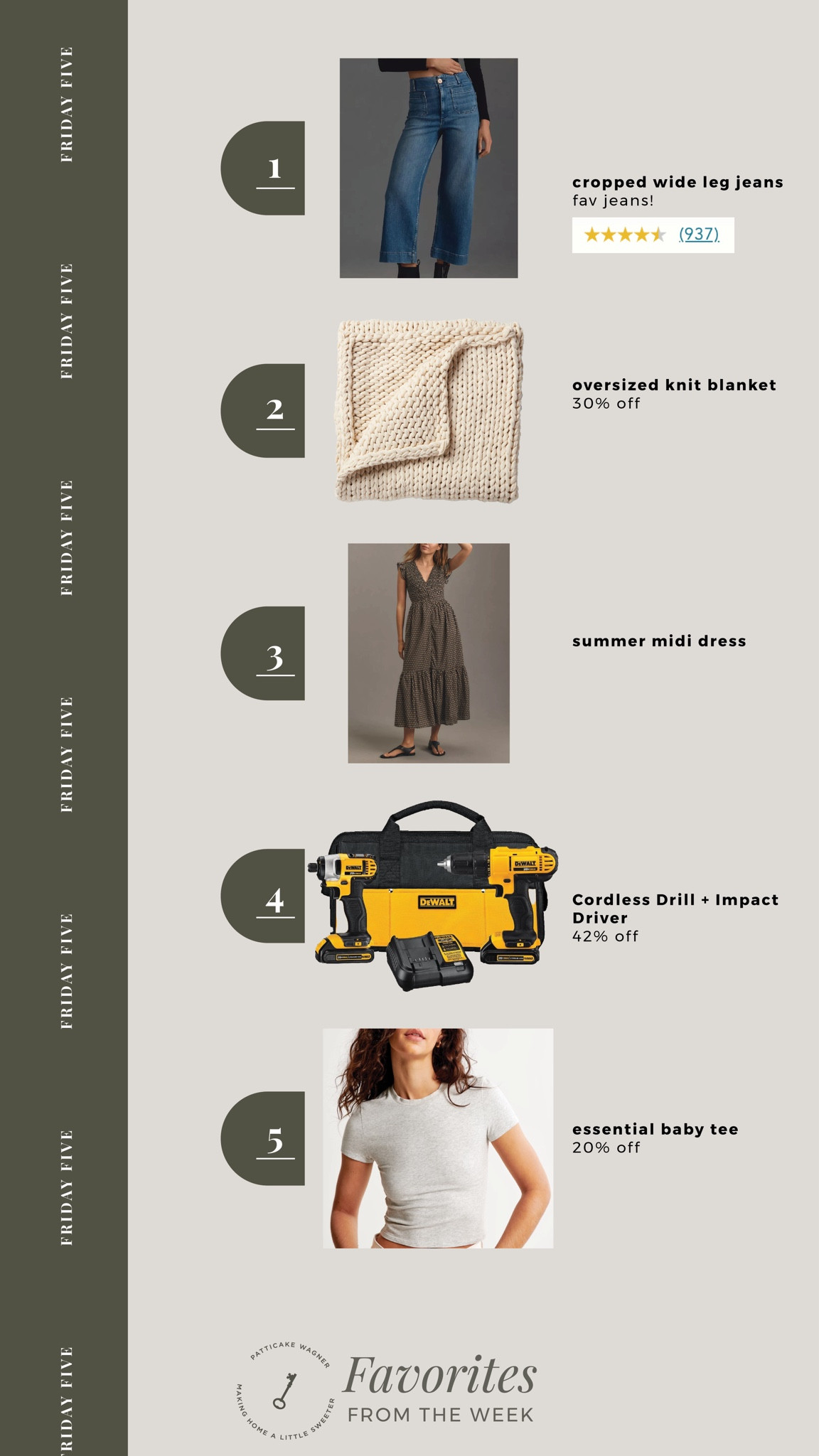 Friday Five: your favorites from the week. *cropped wide leg jeans, oversized knit blanket, summer midi dress, dewalt drill & impact driver on sale, essential baby tee on sale  

#LTKHome #LTKSaleAlert #LTKStyleTip