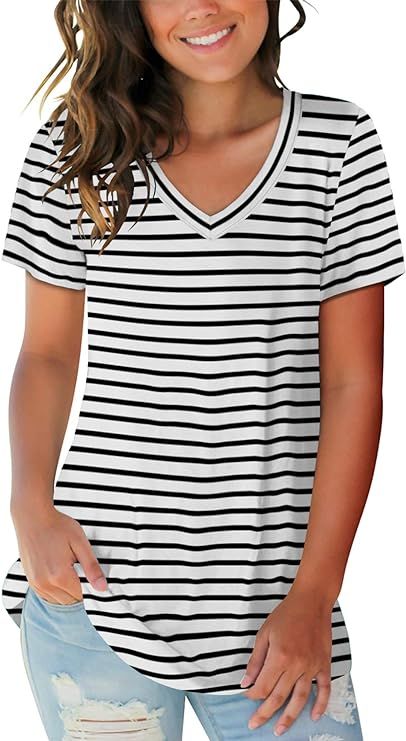 SAMPEEL Women's Basic V Neck Short Sleeve T Shirts Summer Casual Tops | Amazon (US)