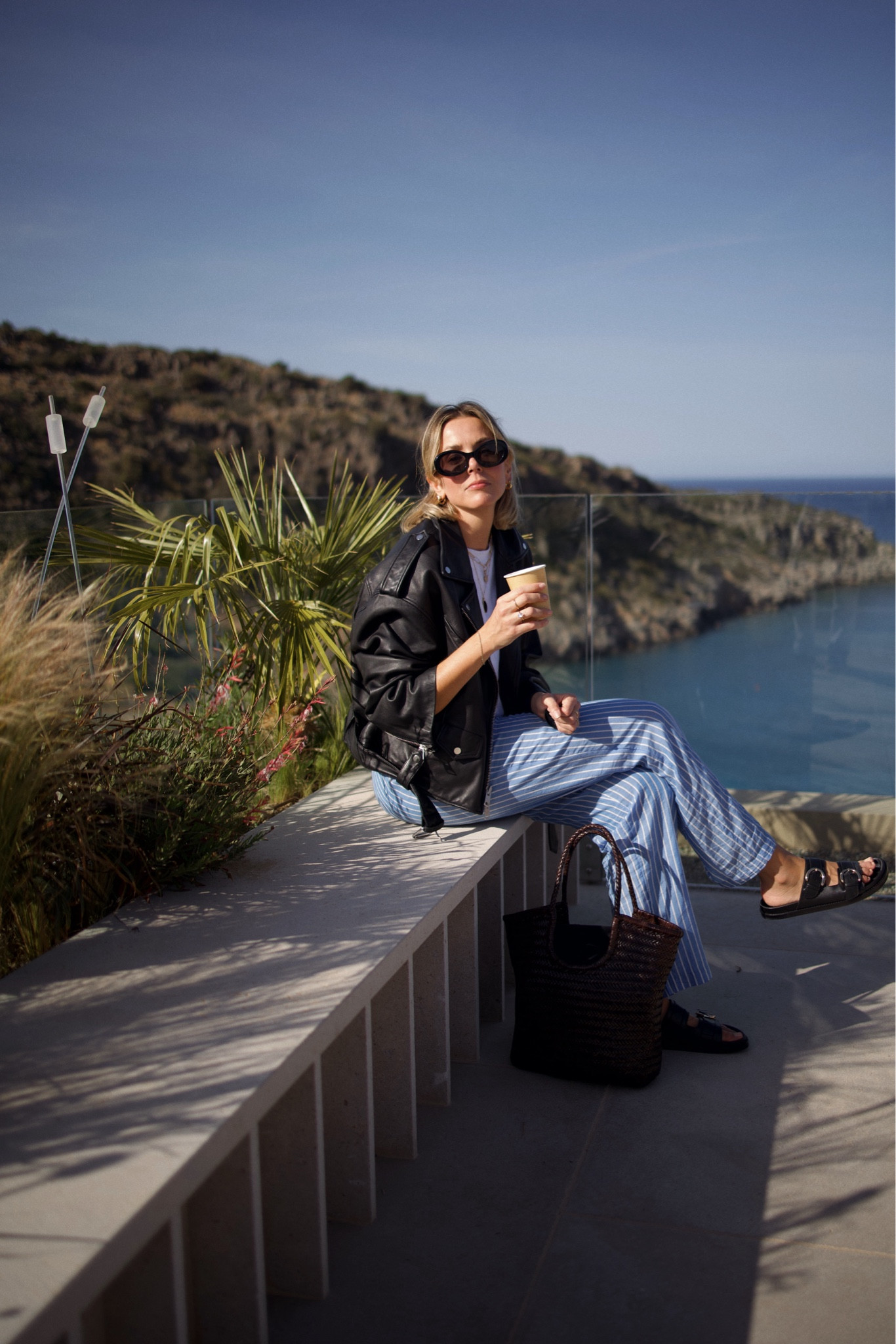 Striped trousers 
Oversized leather jacket
Summer travel outfit 
Airport outfit 
Leather sandals 

#LTKsummer #LTKeurope #LTKstyletip