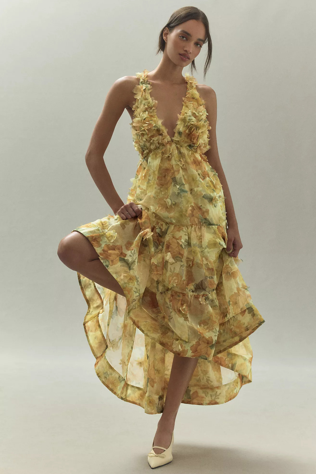 BHLDN Aura Sleeveless Halter Plunge 3D Floral Organza Maxi Dress | Anthropologie (US)
