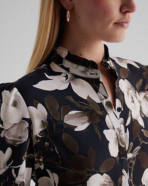 Floral Ruffle Neck Relaxed Portofino Shirt | Express