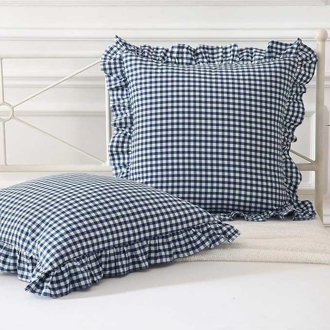 Mywinlle Navy Blue Plaid Ruffle Throw Pillow Covers 20"x20",2 Pack Vintage Checkered Decorative W... | Amazon (US)