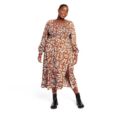 Women's Floral Smocked Bodice Midi Dress - La Ligne x Target Brown/White | Target