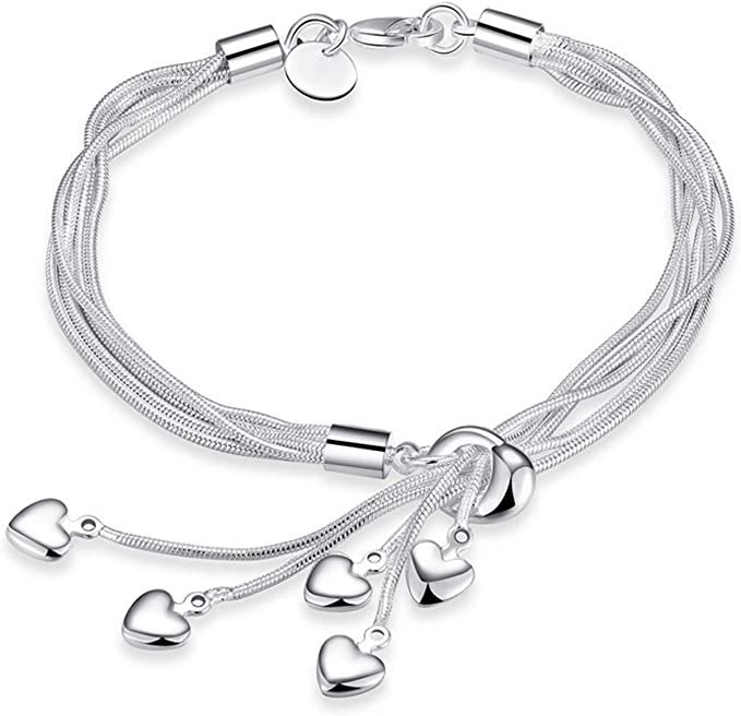 925 Sterling Silver Five-Line Chain with Five-Heart Bracelet Bangle | Amazon (US)