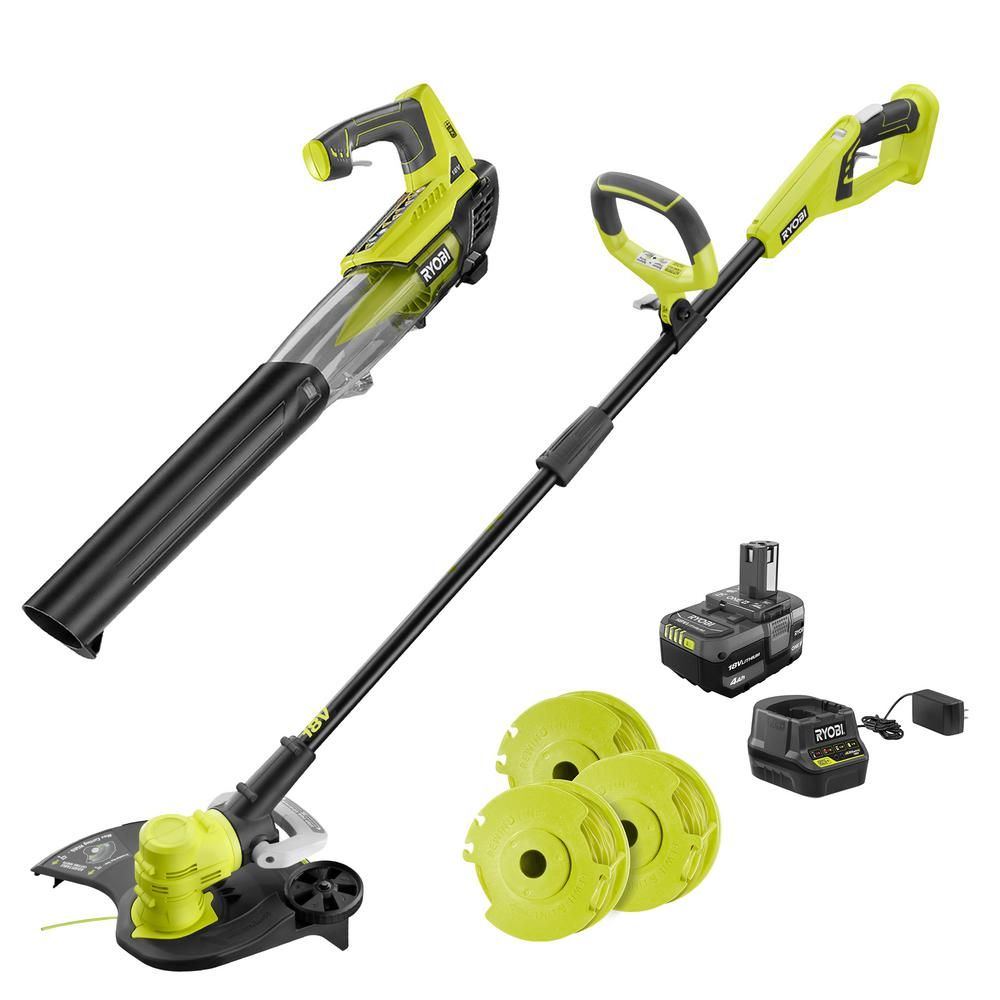 RYOBI ONE+ 18-Volt Cordless String Trimmer/Edger and Blower with Extra 3-Pack of Spools Combo Kit, 4 | The Home Depot