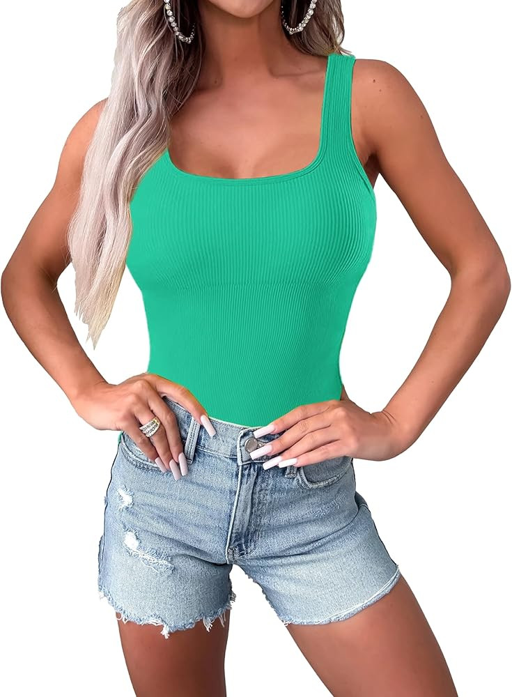 Women's Sleeveless Bodysuits Sexy Ribbed Seamless Square Neck Tank Tops 2025 Trendy Outfits One P... | Amazon (US)