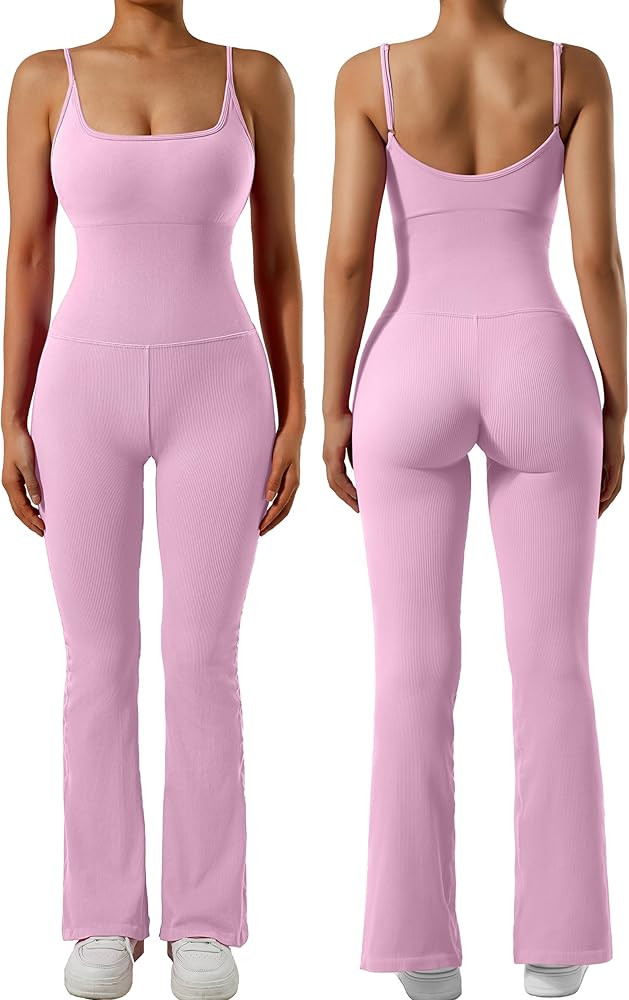 SUUKSESS Women Ribbed Flare One Piece Jumpsuits Seamless Padded Sexy Jumpsuit | Amazon (US)