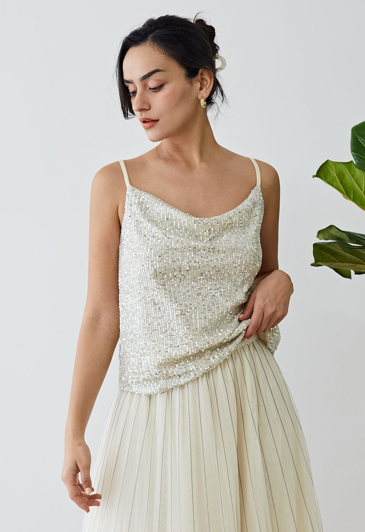 Cowl Neck Sequined Cami Top in Silver | Chicwish