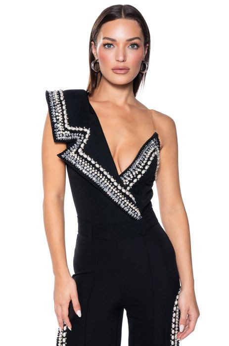 LUXURIOUS PEARL AND RHINESTONE DETAILED BODYSUIT IN BLACK | AKIRA