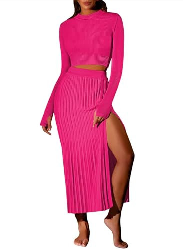 Pink Queen 2 Piece Outfits for Women Knit Crop Top Bodycon Slit Maxi Skirt Sets Fall Sweater Dresses Rose Red M | Amazon (US)