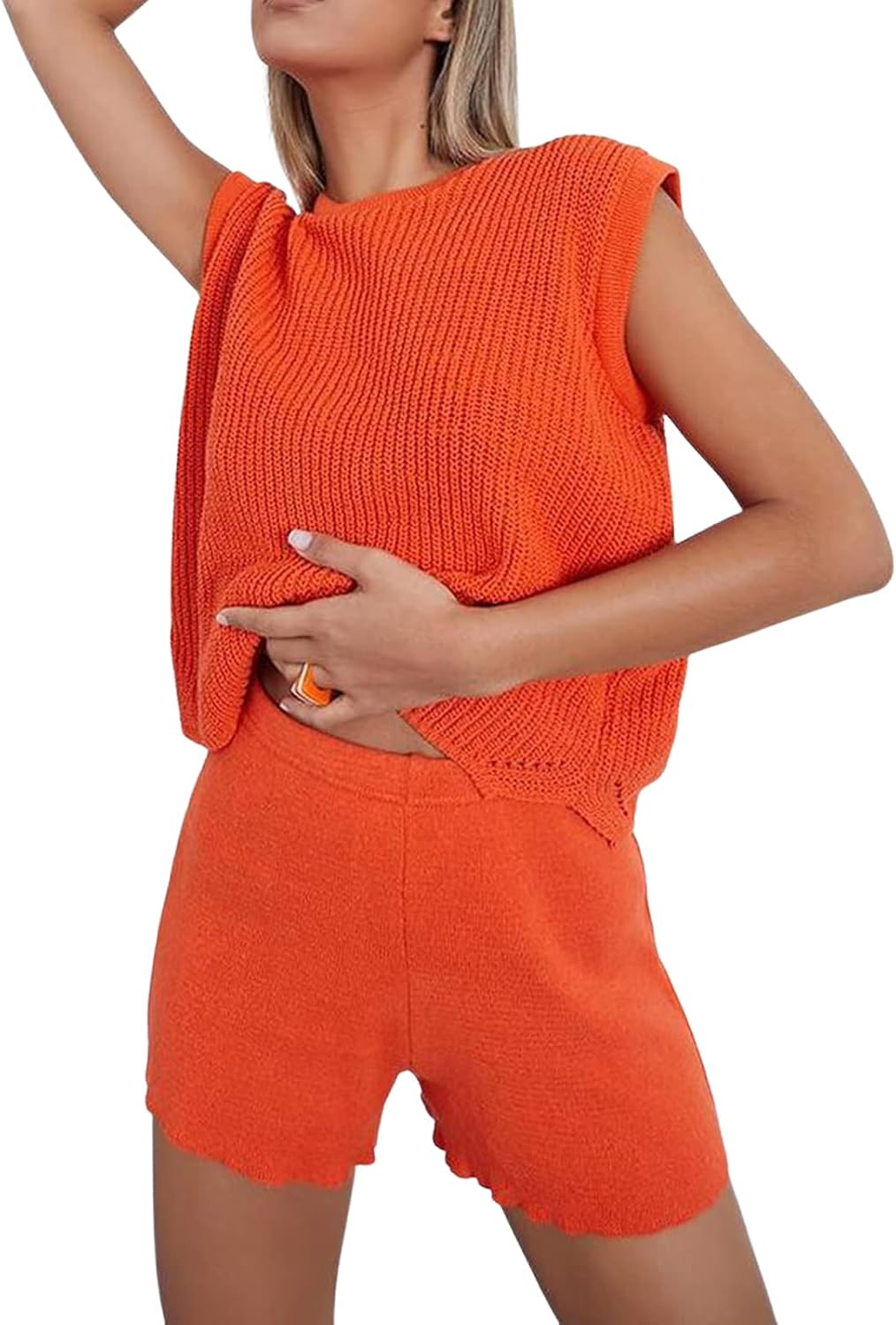 Newbgclo Women's Two Pieces Knitted Outfit Sleeveless Straps Floral Print Cropped Tank Tops High ... | Amazon (US)