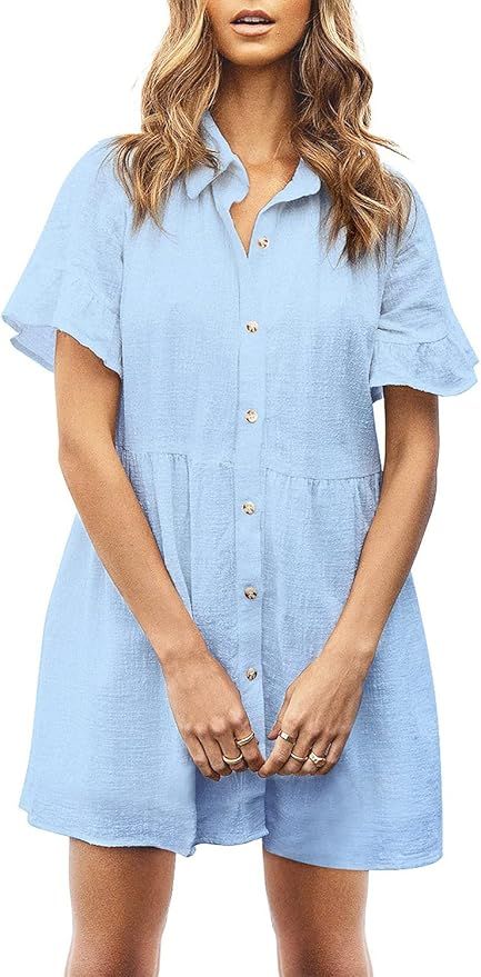 ROYLAMP Women's Cute Tunic Dress Bell Sleeve Split Hem Button up Flowy Casual Collared Mini Dress... | Amazon (US)