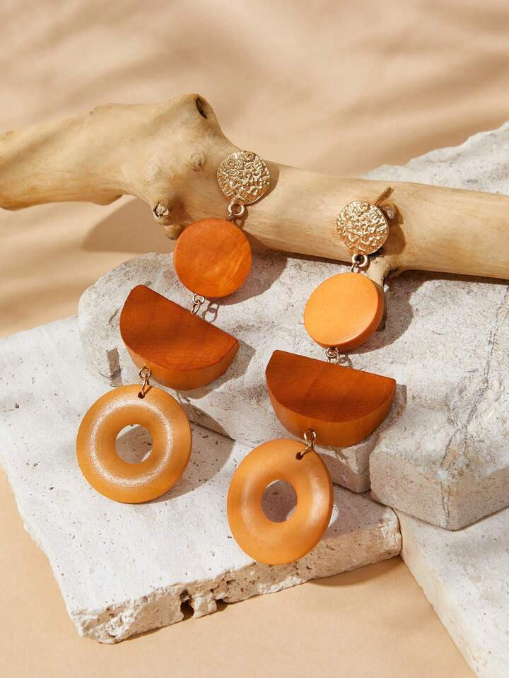 SHEIN VCAY 1pair Vintage Wooden Geometric Shape Fashionable Personailty Earrings | SHEIN