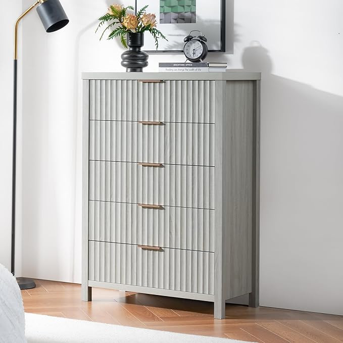 5 Drawers Dresser, 44 Inches Tall Modern Dresser for Bedroom, Curved Profile Design Chest of Draw... | Amazon (US)