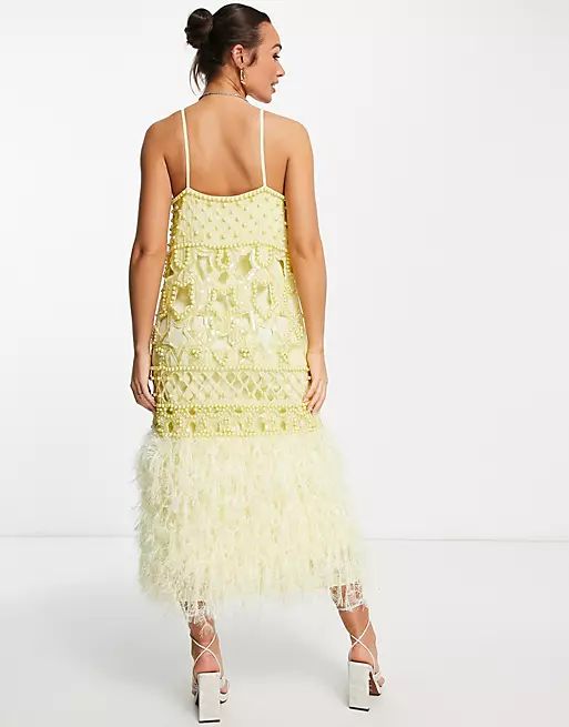 ASOS EDITION pearl embellished cami midi dress with faux feather in lemon | ASOS (Global)