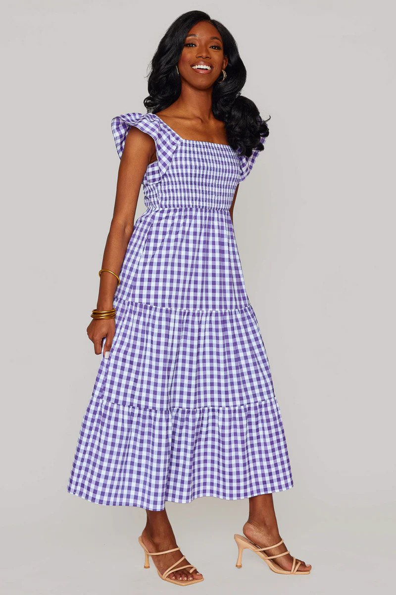 Brynn Ruffle Shoulder Midi Dress - Purple Checker | BuddyLove