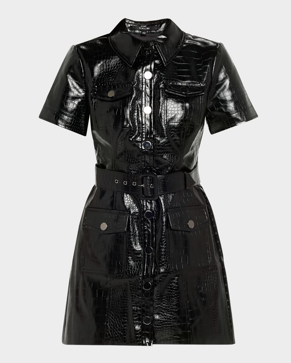 Lydia Croc-Embossed Vegan Leather Mini Shirtdress | Neiman Marcus