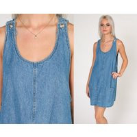 Denim Jumper Dress 90S Blue Jean Overall Retro Mini Pinafore Shift Pocket Sleeveless Smock Low Armhole Vintage 1990S Medium | Etsy (US)
