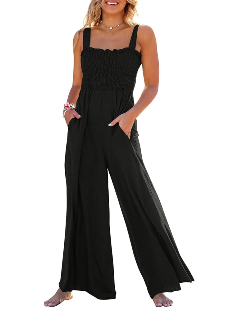 AVALEBETI Womens Casual Sleeveless Jumpsuits Smocked Tank Square Collar Loose Wide Leg Jumpsuit R... | Amazon (US)