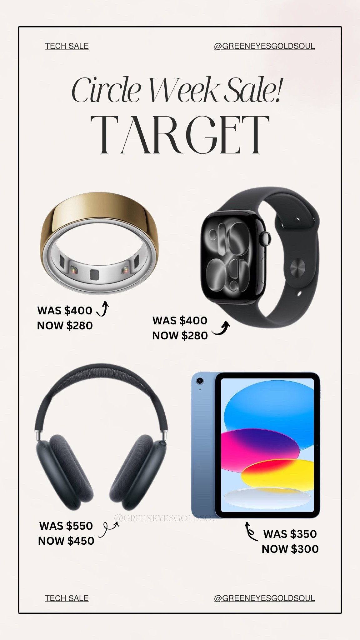 Target Circle Week is serving up some of the best tech deals 👏 If you’ve been waiting to grab an Apple device or upgrade your everyday tech, now is the time. The Apple Watch, AirPods Max, iPad, and Oura Ring are all marked down for a limited time!

#TargetCircleWeek #TargetDeals #TechDeals #AppleDeals #TargetFinds

Target Circle Week, Target tech sale, Apple deals, Apple Watch sale, Apple Watch deal, AirPods Max sale, Oura Ring sale, iPad sale, Target electronics sale, Apple products on sale, tech deals, Target Circle deals, wearable technology, fitness tracker, smart watch, wireless headphones, tablet deals, Apple accessories, tech gifts, electronics deals

#TargetCircleWeek #TargetDeals #TargetFinds #TechDeals #AppleDeals #AppleWatch #OuraRing #AirPodsMax #iPadDeals #ElectronicsDeals #SmartTech #WearableTech #AppleProducts #DealAlert #SaleFinds

#LTKSaleAlert #LTKU #LTKHome